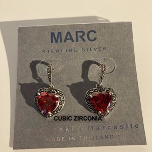 Sterling silver earrings heart marcasites red